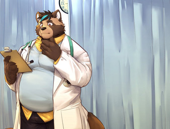 anthro bottomwear brown_body brown_fur clipboard clock clothing curtains detailed_background doctor fur holding_clipboard holding_object humanoid_hands kemono looking_at_clipboard male medical_instrument overweight overweight_male pants roman_numeral scientific_instrument shirt solo standing stethoscope three-quarter_view topwear wall_clock uken_l canid canine mammal raccoon_dog tanuki 2021