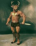 abs anthro arm_tuft biceps black_bottomwear black_clothing black_shorts bottomwear clothed clothing elbow_tuft heart_(marking) hooves jewelry knife male markings muscular muscular_thighs necklace nipples shorts shorts_only simple_background solo topless tuft rrougarou1 deer mammal hi_res