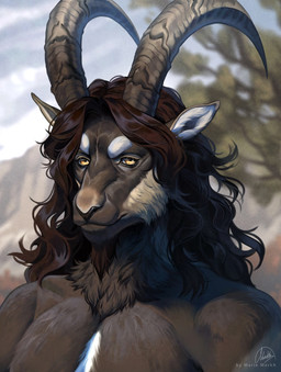 anthro black_nose brown_body brown_fur brown_hair cheek_tuft detailed_background facial_hair facial_tuft fur goatee grey_body grey_fur grey_horn hair horizontal_pupils horn long_hair male male_anthro mouth_closed muscular muscular_anthro muscular_male narrowed_eyes nude outside pupils solo text tuft yellow_eyes marie_merkh valdemar_(dvoyka) bovid caprine goat mammal artist_name bust_portrait hi_res portrait signature