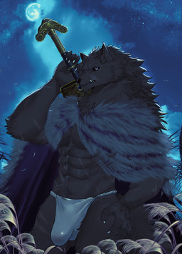 abs anthro asian_clothing barazoku biped black_sclera bulge cape claws clothed clothing east_asian_clothing fangs fundoshi hand_on_hip japanese_clothing male melee_weapon muscular muscular_anthro muscular_male pecs skimpy solo standing sword teeth underwear weapon drakonika123 elden_ring fromsoftware blaidd_(elden_ring) canid canine canis mammal wolf absurd_res hi_res