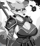 anthro armor big_breasts biped black_nose breasts cleavage clothed clothing dialogue eyelashes eyeliner female looking_at_viewer makeup melee_weapon mouth_closed plant pupils shrub solo speech_bubble standing sword sword_on_back text weapon cooliehigh ginger_(cooliehigh) canid canine fox mammal english_text hi_res