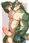 abs anthro anthrofied balls bedroom_eyes big_balls big_muscles big_penis blep blue_eyes border canid canine canis ear_piercing erection foreskin fur genitals green_body green_fur grey_background hand_behind_head hi_res huge_balls humanoid_genitalia humanoid_penis link_(wolf_form) looking_at_viewer male mammal muscular muscular_anthro muscular_male narrowed_eyes nintendo nipples nude pecs penis piercing pose seductive simple_background smile solo the_legend_of_zelda thick_penis tongue tongue_out vein veiny_penis white_border wolf zex