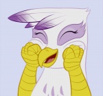 beak eyes_closed feathers female hand_on_face happy open_mouth purple_body purple_feathers smile solo squee white_body white_feathers lowkey friendship_is_magic hasbro my_little_pony mythology gilda_(mlp) avian gryphon mythological_avian mythological_creature headshot_portrait portrait