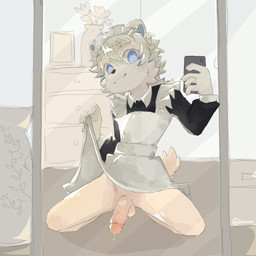 5_fingers anthro balls black_clothing black_nose blue_eyes blue_inner_ear blush bodily_fluids body_blush bottomless bottomless_anthro bottomless_male claws clothed clothing clothing_lift crossdressing dress dress_lift electronics eyebrows facial_tuft finger_claws fingers fluffy fluffy_tail genital_fluids genitals hair humanoid_genitalia humanoid_penis kemono kneeling leaking_precum looking_at_viewer maid_headdress maid_uniform male male_anthro mirror mirror_selfie penis penis_blush phone pose precum selfie smile smiling_at_viewer solo spread_legs spreading tail tuft uniform white_balls white_clothing white_eyebrows white_hair white_penis young young_anthro young_male regcron canid canine canis domestic_dog mammal 1:1 2026 hi_res