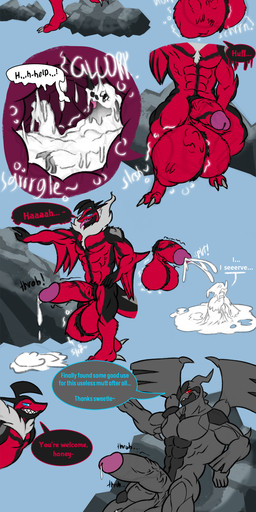 anthro balls big_balls big_muscles big_penis bodily_fluids cock_vore cum cum_transformation digestion_noises genital_fluids genitals group huge_balls huge_penis hyper hyper_balls hyper_genitalia inside_balls male muscular muscular_male penile penis text transformation transformation_through_vore trio vore ivore mythology nintendo pokemon avian bird cum_creature dragon generation_5_pokemon generation_6_pokemon legendary_pokemon mythological_creature mythological_scalie pokemon_(species) scalie yveltal zekrom absurd_res english_text hi_res