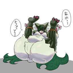 anthro belly belly_tuft big_breasts big_butt blush bound breast_curtains breasts butt crotch_tuft featureless_butt featureless_crotch female front_view glistening glistening_breasts glistening_butt green_body hands_tied legs_tied lying mask nails navel on_back one_eye_closed paws sharp_nails solo text tuft itidesu_zoe nintendo pokemon generation_9_pokemon meowscarada pokemon_(species) 1:1 2025 digital_drawing_(artwork) digital_media_(artwork) hi_res japanese_text translation_request