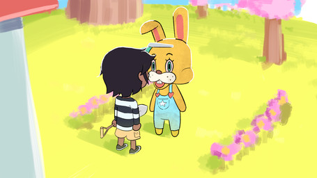 anthro barefoot black_clothing black_hair black_shirt black_topwear blue_clothing blue_eyes blue_overalls blue_visor bottomwear brown_body brown_skin clothing duo eye_contact featureless_feet featureless_hands feet floppy_ears footwear green_clothing green_footwear green_shoes hair holding_object holding_shovel holding_tool looking_at_another male open_mouth overalls pattern_clothing pattern_shirt pattern_topwear pink_inner_ear pupils red_nose shirt shoes shorts shovel smile standing striped_clothing striped_shirt striped_topwear stripes tools topwear visor whisker_spots white_clothing white_footwear white_shirt white_shoes white_topwear white_visor yellow_bottomwear yellow_clothing yellow_shorts icantseehelp animal_crossing nintendo villager_(animal_crossing) zipper_t._bunny human lagomorph leporid mammal rabbit 16:9 2025 hi_res widescreen