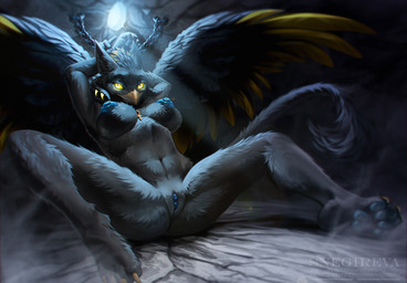 4_toes anthro areola beak big_breasts black_body black_feathers bound breasts chain chained clitoris feathered_wings feathers feet female genitals hands_behind_head navel nipples non-mammal_breasts nude soles solo spread_legs spreading text toes vulva wings yellow_eyes snegireva mythology avian gryphon mythological_avian mythological_creature 2022 artist_name url