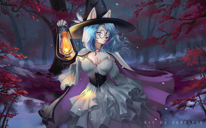 anthro blue_hair cape clothing corset dress ear_piercing eyewear facial_piercing female female_anthro forest fur glasses hair hat headgear headwear holding_lantern holding_object lamp lantern lingerie lip_piercing magic_user piercing plant round_glasses solo topwear tree wearing_glasses white_body witch witch_costume witch_hat conditional_dnp sadbitch cyntia_(midnight0star) canid canine fox mammal 2023 digital_media_(artwork) hi_res