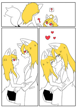 after_transformation anthro big_tail black_bottomwear black_clothing black_pants blonde_hair blush border bottomwear breasts clothing duo eyes_closed female female/female gender_transformation grip hair heart_symbol hug kiss_on_lips kissing mtf_transformation pants red_eyes scientist small_breasts tail transformation white_border white_clothing white_ears white_tail fchicken changed_(video_game) ids_(user) ace_heart_(ids) dr._k_(changed) lin_(changed) canid canine canis mammal wolf hi_res
