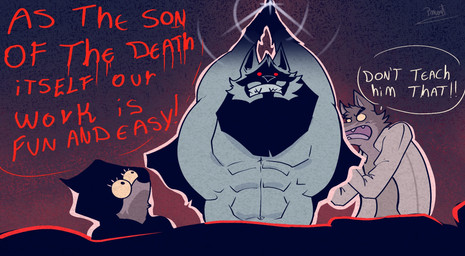 angry anthro barazoku brown_body brown_fur clothed clothing dialogue family fangs fur group holding_object holding_weapon humor looking_at_another male muscular muscular_anthro muscular_male neonate open_mouth perspective smile smiling_at_another teeth trio weapon young pinumontbalou dreamworks puss_in_boots_(franchise) the_bad_guys death_(puss_in_boots) fan_character mr._wolf_(the_bad_guys) canid canine canis mammal wolf hi_res