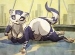 anthro breasts cleavage clothed clothed_anthro clothed_female clothing female female_anthro legwear looking_up navel nipple_outline open_mouth semi-anthro shirt solo stockings teeth thick_thighs topwear whiskers wide_hips melonleaf anty_(melonleaf) mammal mustelid 2016