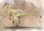 brown_background claws fangs female feral looking_at_viewer on_one_leg open_mouth race_swap simple_background solo standing teeth tongue sakuracheetah friendship_is_magic hasbro my_little_pony fluttershy_(mlp) dinosaur dromaeosaurid prehistoric_species reptile scalie theropod hi_res signature