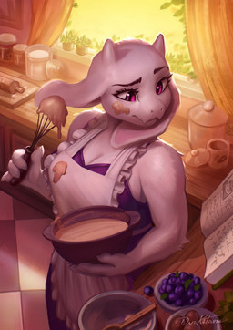 anthro apron blueberry_(fruit) book bottomwear bowl breasts cleavage clothed clothing container dough dress eyebrows female food frilly frilly_apron frilly_clothing fruit horn inside kitchen_utensils plant purple_eyes raised_eyebrow reading solo tools warm_light whisk dankitsune undertale_(series) toriel bovid caprine goat mammal 2025 hi_res warm_colors