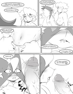anthro blush bodily_fluids clothing dialogue dripping drooling duo erection facial_scar female genital_fluids genitals glans leaking_precum male male/female penis precum precum_drip pupils saliva scar slit_pupils talking_to_another text undressing undressing_another vein veiny_penis spicykiwi nintendo pokemon thomas_(spicykiwi) tulip_(spicykiwi) generation_9_pokemon human mammal meowscarada pokemon_(species) absurd_res comic english_text hi_res monochrome story