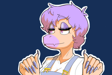 anthro biped breasts clothed clothed_anthro clothed_female clothing crossgender eyebrow_through_hair eyebrows eyelashes female fingernails fingers front_view hair half-closed_eyes long_fingernails looking_aside mtf_crossgender nails narrowed_eyes non-mammal_breasts outline overalls purple_body purple_eyes purple_hair raised_eyebrow short_hair simple_background smile solo tan_body translucent translucent_hair transparent_background white_outline areloch goodbye_volcano_high ko_op_(game_developer) sage_(gvh) dinosaur dromaeosaurid microraptor prehistoric_species reptile saurischian scalie theropod 3:2 alpha_channel bust_portrait portrait shaded
