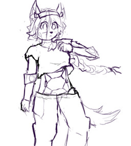 accessory ambiguous_gender anthro bottomwear braided_hair clothing crop_top hair headband inner_ear_fluff joints machine mechanical_arm midriff pants shirt simple_background solo tail topwear tuft whiskers white_background raidev android domestic_cat felid feline felis mammal robot robot_anthro hi_res sketch