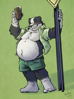 alcohol anthro beer belly beverage big_belly black_body black_nose blush bottomwear clothed clothing drunk green_background humanoid_hands male open_clothing open_shirt open_topwear overweight overweight_male shirt shorts simple_background solo substance_intoxication topwear white_body k-9 badger mammal mustelid musteline 2022 hi_res