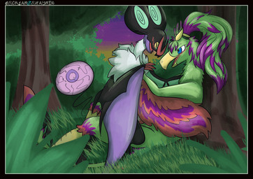 anthro blue_eyes bodily_fluids cum cum_inside eye_contact genital_fluids green_body impregnation interspecies looking_at_another ovum pokephilia romantic romantic_couple sperm_cell sunset screamoshaymin nintendo pokemon avian generation_6_pokemon noivern pokemon_(species) hi_res signature