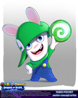 anthro bent_arm buckteeth button_(fastener) clothed clothed_anthro clothed_male clothing copyright_symbol frisbee front_view fully_clothed fully_clothed_anthro fully_clothed_male fur gradient_background green_clothing green_shirt green_topwear grey_background hand_on_hip hand_on_own_hip happy holding_frisbee left-handed light long_ears looking_at_viewer male male_anthro mitten_hands noseless open_mouth open_smile pink_tongue shirt sideways_hat simple_background smile smiling_at_viewer solo standing symbol tan_body tan_inner_ear tan_skin teeth text title tongue topwear white_body white_fur year fabio_pochet mario_bros mario_plus_rabbids_kingdom_battle mario_plus_rabbids_sparks_of_hope nintendo raving_rabbids rayman_(series) ubisoft rabbid_luigi lagomorph mammal rabbid 2022 4:5 absurd_res artist_name colored concept_art crossover dated digital_drawing_(artwork) digital_media_(artwork) english_description english_text full-length_portrait hi_res lighting official_art portrait shaded