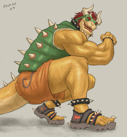 anklet anthro black_anklet black_bracelet black_collar bottomwear bracelet chain chin_spikes clothed clothing collar crouching facial_spikes fangs footwear green_body green_clothing green_topwear green_vest grey_background grey_clothing grey_footwear grey_sandals hair horn jewelry legband looking_at_viewer male male_anthro muscular muscular_anthro muscular_male narrowed_eyes open_mouth orange_bottomwear orange_clothing orange_shorts red_hair ridged_horn sandals shoes short_hair shorts side_view simple_background solo spiked_anklet spiked_bracelet spiked_collar spiked_legband spiked_vest spikes spikes_(anatomy) tail tan_body tan_tail teeth topwear vest white_horn yellow_body yellow_tail aduran mario_bros nintendo bowser dragon_koopa koopa scalie 2023 dated hi_res signature