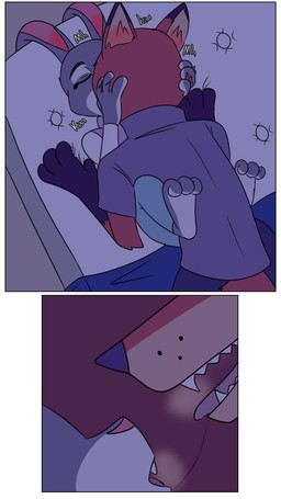 anthro bed_sheet bedding between_legs blue_sheets bodily_fluids bottomwear breath clothing collared_shirt curling_toes dipstick_ears dress_shirt duo ear_markings eyes_closed feet female holding_head male mattress multicolored_ears on_mattress onomatopoeia panting pants paws saliva saliva_string shirt simple_background sound_effects steamy_breath tail text topwear tuft two_frame_image hahstudios disney zootopia judy_hopps nick_wilde canid canine european_rabbit fox lagomorph leporid mammal oryctolagus rabbit red_fox true_fox comic