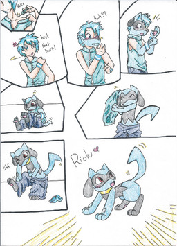 age_regression angry blue_body blue_eyes blue_hair clothing duo feral hair heart_symbol human_to_feral male paws red_eyes shrinking size_transformation smile solo_focus species_transformation text transformation rainbowraven nintendo pokemon canid canine generation_4_pokemon human mammal pokemon_(species) riolu comic traditional_media_(artwork)