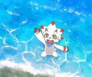 ambiguous_gender beach claws countershading detailed_background grey_body grey_countershading horn kerchief neckerchief neckwear open_mouth open_smile partially_submerged sea seashell shell smile solo standing_in_water tail water white_body yellow_eyes hamu_ym bandai_namco digimon digimon_(species) gammamon 6:5