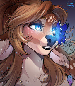 anthro biped blue_eyes blush female fur hair long_hair open_mouth smile solo teeth cyberhound alice_(panicwonderland) deer mammal absurd_res adobe_photoshop_(artwork) digital_media_(artwork) headshot_portrait hi_res portrait