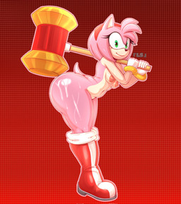 accessory anthro big_butt boots bracelet breasts butt clothing eyelashes female footwear glistening glistening_body gloves hair_accessory hairband hammer handwear jewelry leaning leaning_forward mostly_nude_female red_background shoes simple_background smile solo tail tools 1lastshadow1 sega sonic_the_hedgehog_(series) amy_rose eulipotyphlan hedgehog mammal hi_res