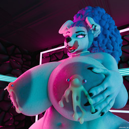 anthro areola bedroom_eyes big_areola big_breasts bodily_fluids breast_squish breasts ear_piercing female glowing glowing_eyes hair huge_breasts huge_hips hyper hyper_breasts hyper_hips jewelry lactating leaking_milk looking_at_viewer milk narrowed_eyes necklace nipple_piercing nipples nude piercing seductive sharp_teeth simple_background solo squish sweat teeth tongue tongue_out wide_hips packs_3d mayosplash_(modeler) tigermafia_(modeler) zia_(sufvr) canid canine canis domestic_dog mammal 1:1 3d_(artwork) absurd_res digital_media_(artwork) hi_res