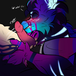 anthro blush blush_lines duo fangs_bared femboy genitals glowing glowing_markings male male/male markings motion_lines muscular nuzzling onomatopoeia penis penis_nuzzling penis_smack sound_effects surprised text waist_grab cepheidbaby frost_(cepheidbaby) silly_(cepheidbaby) screech_species smiling_dragon absurd_res hi_res