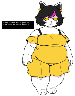anthro belly belly_overhang black_hair claws clothing dress ear_piercing ear_ring eyelashes female form_fitting hair multicolored_hair overweight overweight_female piercing pink_hair pink_nose ring_piercing short_hair solo standing text text_box white_body yellow_clothing yellow_dress yellow_sclera samme_hacci deltarune undertale_(series) catti_cattenheimer felid mammal hi_res