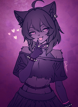 ahoge ambiguous_gender anthro armband bare_shoulders belt bottomwear clothed clothing collar crop_top crossdressing cute_fangs ear_piercing fangs femboy feminine flat_chested gesture hair hand_gesture heart_symbol markings mole_(marking) pawpads piercing shirt simple_background skirt smug smug_face solo spiked_armband spiked_collar spikes tattoo teeth topwear v_sign conditional_dnp giahryan felid feline mammal hi_res