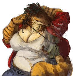 anthro armpit_feathers armpit_fetish armpit_hair armpit_sniffing belly big_breasts big_dom_small_sub body_hair bottomwear breasts brown_body brown_scales cleavage clothed clothed_female clothed_male clothing collar denim denim_bottomwear denim_clothing dominant dominant_female duo female female_anthro female_on_human fully_clothed fully_clothed_female fully_clothed_male head_feathers huge_breasts human_on_anthro interspecies jeans larger_anthro larger_female leash leash_pull leashed_collar male male/female male_human male_on_anthro pants scales size_difference slightly_chubby slightly_chubby_anthro slightly_chubby_female smaller_human smaller_male sniffing suspenders tail tan_body tan_scales thick_tail lamanstin cleopatra_(casimyrcsko) dinosaur human mammal prehistoric_species reptile saurischian scalie theropod tyrannosaurid tyrannosauroid tyrannosaurus tyrannosaurus_rex hi_res