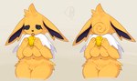 2024 4_fingers anthro big_breasts black_sclera breasts crotch_tuft eeveelution featureless_breasts female fingers food fruit fur generation_1_pokemon hi_res holding_food holding_fruit holding_object humor jolteon kame_3 lemon meme navel nintendo nude plant pokemon pokemon_(species) simple_background solo spiral spiral_eyes thour_(meme) tongue tongue_out tuft yellow_body yellow_fur