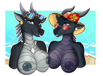 anthro anthrofied beach big_breasts black_body breast_squish breasts clothing duo eyewear female female/female green_eyes hat headgear headwear jewelry necklace nude purple_eyes romantic romantic_couple snout squish sun_hat sunglasses lunula mythology wings_of_fire clearsight_(wof) listener_(wof) dragon mythological_creature mythological_scalie nightwing_(wof) scalie