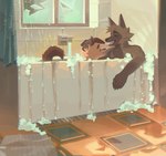 anthro bathing bathing_together bathtub bubble_bath claws duo eyebrows fingers floppy_ears fur male male/male open_mouth open_smile smile tail water window hemuchang autumn_(outumn) shin_(hemuchang) canid canine canis domestic_dog fox mammal hi_res