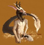 anthro antlers balls blush bodily_fluids cum ejaculation fluffy fur genital_fluids genitals horn knot long_neck long_tail male nude odd_dick penis saliva simple_background smile solo tail tongue unusual_anatomy unusual_genitalia unusual_penis vaalravn canid canine deer mammal monster absurd_res hi_res portrait shaded three-quarter_portrait