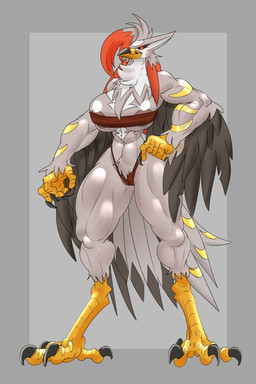 4_claws 4_toes 5_claws 5_fingers abs anthro anthrofied areola areola_slip bandeau beak beak_closed bent_arm big_breasts biped black_body black_feathers black_sclera black_tipped_beak border breasts brown_bandeau brown_clothing brown_thong brown_topwear brown_underwear camel_toe claws clothed clothed_anthro clothed_female clothing eyelashes feathers feet female female_anthro finger_claws fingers glistening glistening_breasts glistening_eyes grey_background grey_body grey_border grey_feathers grey_hair hair hand_on_hip looking_at_viewer markings mouth_closed multicolored_body multicolored_hair muscular muscular_anthro muscular_female neck_tuft non-mammal_breasts orange_hair pokemorph pose pupils red_eyes simple_background solo standing tail tail_feathers talon_hands talons thong toe_claws toes topwear tube_top tuft two_tone_hair underwear white_body white_pupils winged_arms wings yellow_markings chorsinnell39 nintendo pokemon pokemon_legends_z-a avian generation_9_pokemon mega_evolution mega_staraptor pokemon_(species) 2026 2:3 archived_source digital_drawing_(artwork) digital_media_(artwork) full-length_portrait hi_res pinup portrait shaded