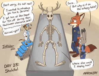 3_claws 3_toes 4_claws 4_fingers anterior_nasal_aperture anthro antlers asking asking_another asking_why autopsy_table badge bar_emanata barefoot belt belt_pouch biped black_claws black_collar black_eyebrows black_eyes black_markings black_nose black_text blue_belt blue_bottomwear blue_clothing blue_dress_shirt blue_necktie blue_pants blue_shirt blue_topwear blue_vest bone bottomwear brown_body brown_fur brown_hair brown_inner_ear brown_markings brown_tail cheek_tuft claws clothed clothed_anthro clothed_female clothed_male clothing cloven_hooves coat collar conjoined_speech_bubble count countershade_face countershade_fur countershade_hands countershade_tail countershading day_count dipstick_ears dipstick_tail drawstring drawstring_bottomwear ear_markings ears_up ellipsis emanata exclamation_point eye_markings eyebrows eyelashes eyewear facial_tuft feet female female_anthro finger_claws fingerless_gloves fingers fluffy fluffy_tail forensics fox_tail fur fur_tuft furniture gloves goggles grey_body grey_ears grey_fur grey_tail hair halloween_decoration hand_on_hip hand_on_own_hip hands_on_hips handwear highlights_(coloring) holidays hooved_fingers hooves horn humor interjection lab_coat larger_anthro larger_female larger_male male male_anthro markings multicolored_ears necktie orange_body orange_fur orange_tail orange_tuft pants pink_nose pockets pointy_ears police police_officer police_uniform prick_ears pun purple_highlights question_mark rabbit_ears rib_cage scrubs scut_tail shirt short_tail size_difference skeleton smaller_anthro smaller_female snout speech_bubble spiked_collar spikes table tail tail_markings talking_to_another text toe_claws toeless_(marking) toes topwear tuft uniform vertebrae vest white_body white_countershading white_inner_ear white_lab_coat white_speech_bubble aar0njay disney halloween inktober inktober_2025 zootopia camille_sharpe fan_character judy_hopps nick_wilde canid canine european_rabbit fox herpestid lagomorph leporid mammal meerkat oryctolagus rabbit red_fox true_fox 2025 artist_name digital_media_(artwork) english_description english_text