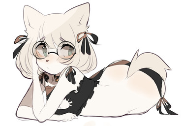 accessory anthro arm_support bangs bell_choker black_bra black_clothing black_panties black_underwear blush bra breasts cat_lingerie cleavage cleavage_cutout clothed clothing cutout eyebrow_through_hair eyebrows eyewear female female_anthro glasses green_eyes hair hair_accessory hair_ribbon kemono lingerie lying panties ribbons round_glasses simple_background solo translucent translucent_hair underwear white_background fredek666 marie_(fredek666) mammal 2018 digital_media_(artwork)
