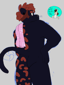 anthro black_body black_fur blush body_tattoo brown_eyes chest_tuft dialogue ear_piercing eyebrows facial_piercing flesh_tunnel fur gauged_ear hair labret_piercing lip_piercing long_tail looking_offscreen male muscle_shirt nude piercing rear_view red_hair simple_background smile solo tail towel tuft whisker_spots p_rindustries gale_(p_rindustries) felid mammal pantherine 2023 3:4 hi_res