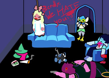 2_horns ambiguous_gender ambiguous_human anthro antlers avian_feet biped blonde_hair blood blood_from_wound blood_on_chest blood_on_head blood_on_wall blood_writing blue_body blue_feathers blue_skin blue_sofa bodily_fluids brown_body brown_fur chair clothed clothed_ambiguous clothed_anthro clothed_female clothed_human clothed_male clothing corpse dark_humor death discarded_clothing dress drugs feathers female female_anthro female_death fur furniture gore green_clothing green_hat green_headwear group gun hair handgun hanged hat headgear headwear holding_gun holding_handgun holding_object holding_ranged_weapon holding_weapon hooves horn horrified humor impalement lying male male_anthro male_death marijuana marijuana_blunt multiple_deaths noose on_chair parody pink_body pink_scales pink_scarf plantigrade ranged_weapon red_heart red_nose reference_image_at_source scales scarf shot_in_head sitting sitting_on_chair sofa spades_(suit) suicide suit_symbol text unguligrade weapon white_clothing white_dress wounded aitheriac deltarune family_guy family_guy_death_pose ralsei_smoking_blunt undertale_(series) kris_(deltarune) lancer_(deltarune) noelle_holiday ralsei susie_(deltarune) avian bird darkner deer human mammal new_world_deer reindeer scalie soul_(undertale) 2025 character_name colored flat_colors meme