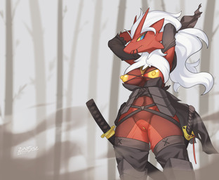 anthro areola armwear biped blue_eyes breasts clothing female fishnet_clothing forest forest_background fur genitals legwear nature nature_background nipple_dip nipples plant red_body red_fur solo tree vulva yellow_areola yellow_nipples zinfyu nintendo pokemon blaziken generation_3_pokemon pokemon_(species) absurd_res hi_res