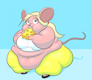 5_fingers anthro belly big_belly blonde_eyebrows blonde_hair blue_background blue_eyes blue_nose bottomwear breasts clothed clothing deep_navel eating eyebrows female fingers food footwear fur hair holding_food holding_object huge_belly navel obese obese_anthro obese_female overweight overweight_anthro overweight_female pants pink_body pink_fur shirt shoes simple_background solo standing tail topwear glwuffie cheeze mammal mouse murid murine rodent shaded