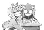 ambiguous_gender anthro book bottomwear bow_tie chair clothing cosplay duo ear_piercing eyelashes eyewear female furniture glasses gloves half-closed_eyes handwear holding_book holding_object long_sleeves narrowed_eyes piercing school_uniform simple_background sitting skirt sweater table topwear uniform white_background kiikoi11 dandadan sega sonic_the_hedgehog_(series) amy_rose ken_takakura momo_ayase sonic_the_hedgehog eulipotyphlan hedgehog mammal 2024 greyscale hi_res monochrome male_(lore)