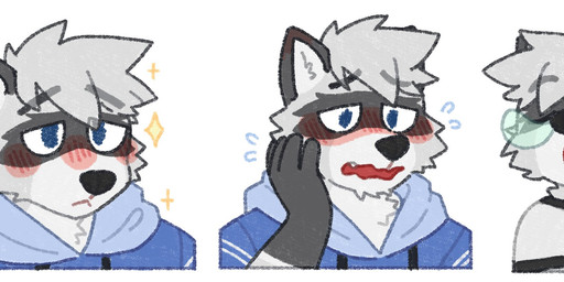 anthro black_body black_fur black_nose blue_clothing blue_eyes blue_topwear blush bodily_fluids clothed clothing front_view fur glistening glistening_eyes grey_body grey_fur grey_hair hair happy looking_aside male narrowed_eyes open_mouth open_smile sad short_hair simple_background smile solo tears topwear unsigned white_background white_body white_fur riggs_(pache_riggs) mammal procyonid raccoon absurd_res bust_portrait hi_res long_image multiple_images portrait wide_image