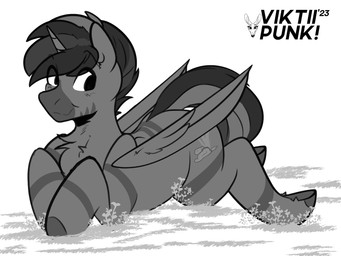 back_wings chest_tuft chewing_grass cutie_mark feral folded_wings hair hooves horn looking_back lying_on_ground on_ground quadruped tail tuft unicorn_horn wings zebra_stripe viktiipunk hasbro my_little_pony mythology equid equine mammal mythological_creature mythological_equine winged_unicorn hi_res