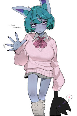 ambiguous_gender big_breasts blue_body blue_skin blush blush_lines breasts clothing crossed_legs dialogue duo eye_bags female footwear gesture green_hair hair motion_lines purple_eyes short_hair simple_background socks standing sweater text tired topwear waving ohasiart league_of_legends riot_games tencent shadow_(lol) vex_(lol) humanoid shadow_creature yordle english_text